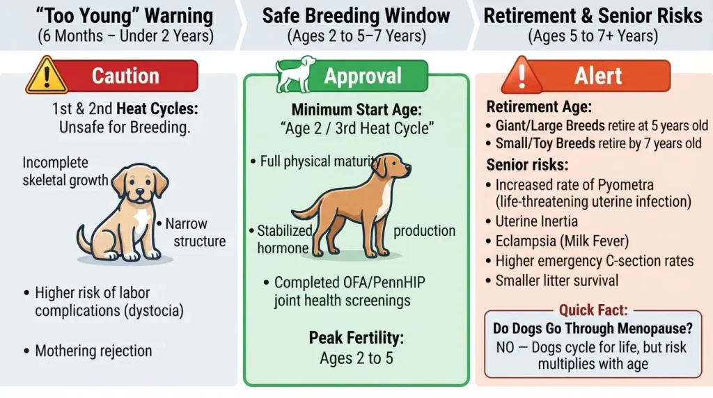 Infographic chart showing the canine breeding age guide, highlighting the safe minimum breeding age at 2 years, peak fertility, and retirement age between 5 to 7 years across small and giant dog breeds.