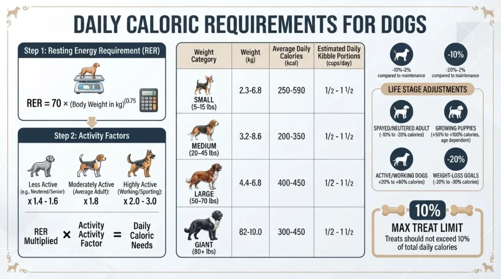 Infographic showing how to calculate a dog's daily calorie needs based on body weight, life stage, and activity level using veterinary RER guidelines.