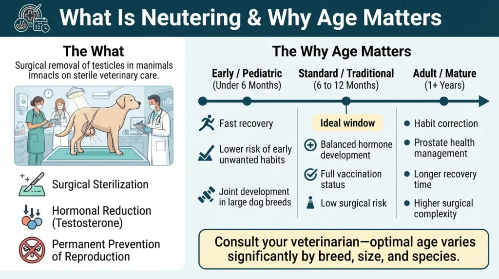 Side-by-side visual chart showing veterinary neutering surgical process and a age timeline comparing health and behavioral benefits of early vs. late spay/neuter in pets.