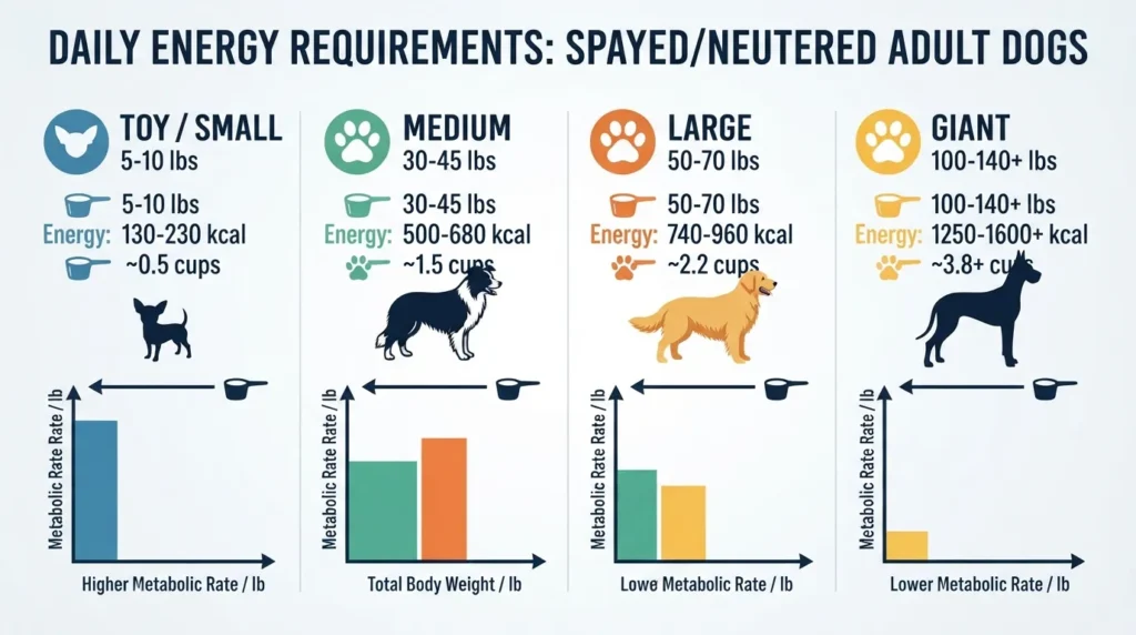 Comprehensive chart showing daily calorie needs and recommended kibble cup portions for dogs based on body weight categories from small to giant breeds.