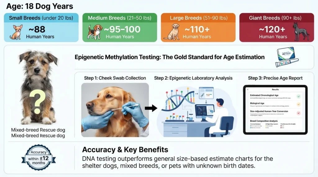 A dog owner taking a cheek swab DNA sample from a dog next to an infographic showing epigenetic age testing steps and an accurate human-year age output report.