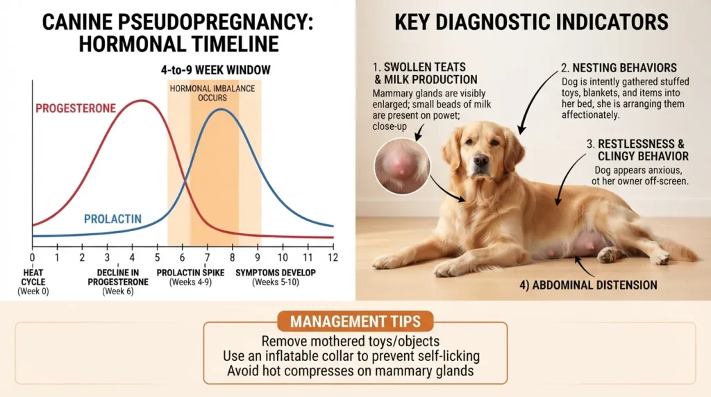 Infographic showing canine false pregnancy symptoms, including swollen teats, nesting behaviors, and milk production four to nine weeks after heat.
