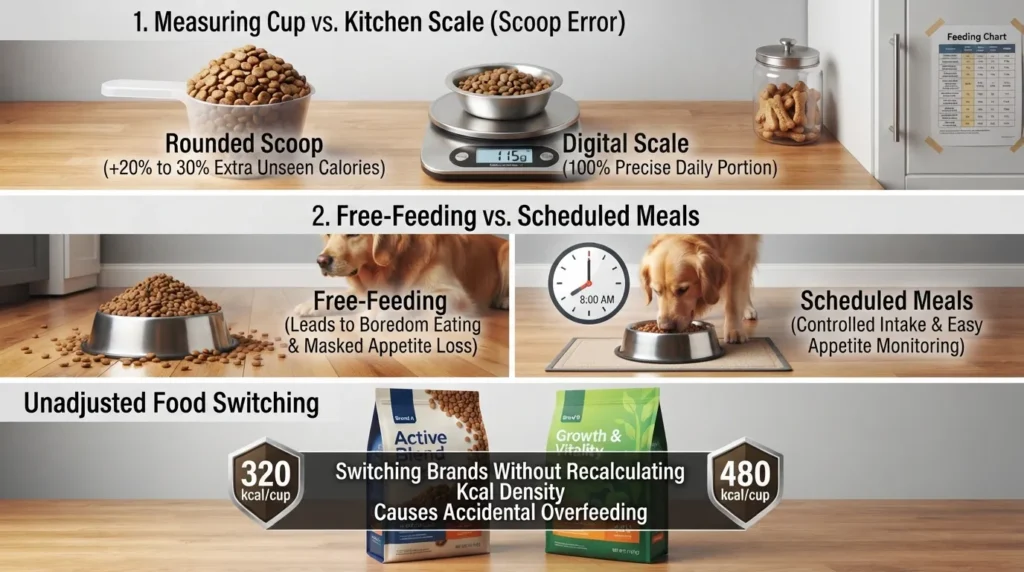 Visual guide comparing dog feeding measurement mistakes like rounded scoops, free-feeding, and unadjusted food switches versus precise scale weighing in grams