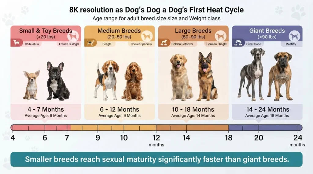 Infographic timeline comparing when small, medium, large, and giant dog breeds experience their first heat cycle, ranging from 4 to 24 months of age.