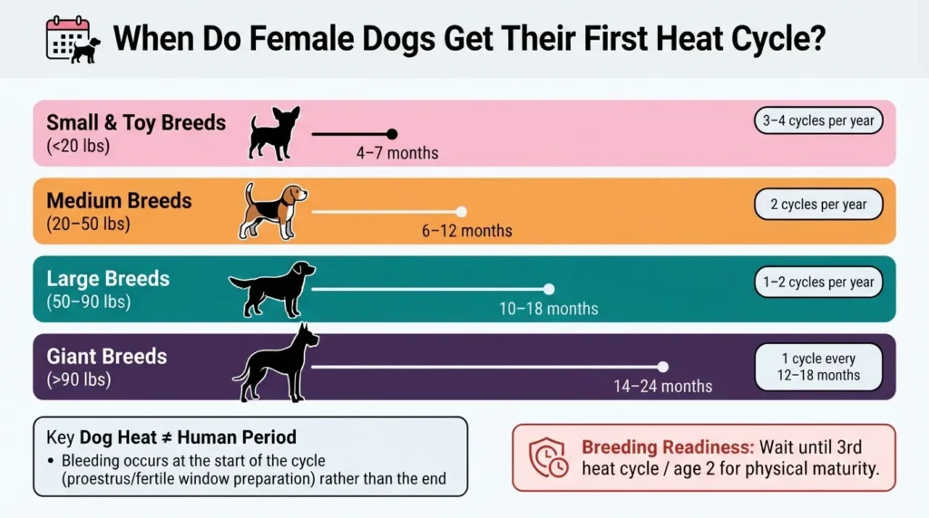 Infographic showing when female dogs get their first heat cycle by breed size, comparing small, medium, large, and giant dog age timelines.
