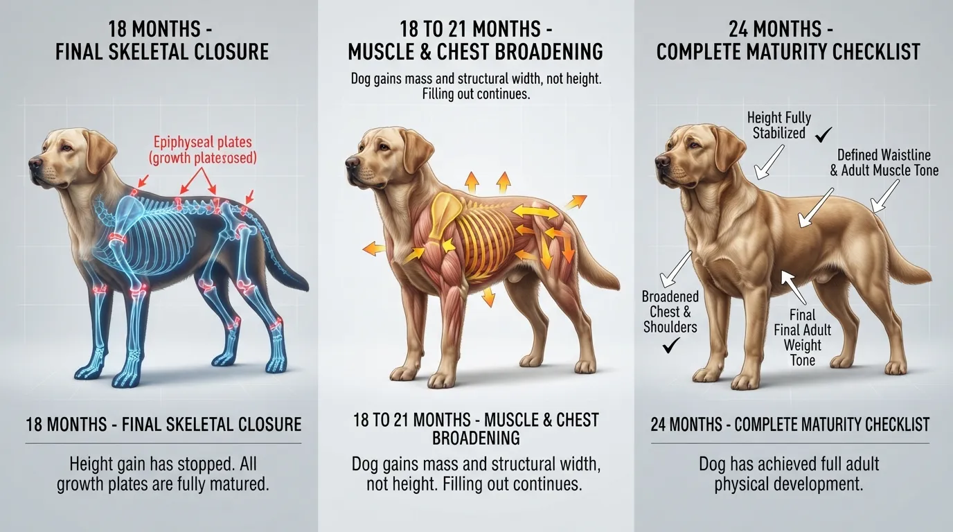 A detailed visual chart comparing a young dog's final skeletal, muscle, and chest expansion from 18 to 24 months to show full physical maturity.