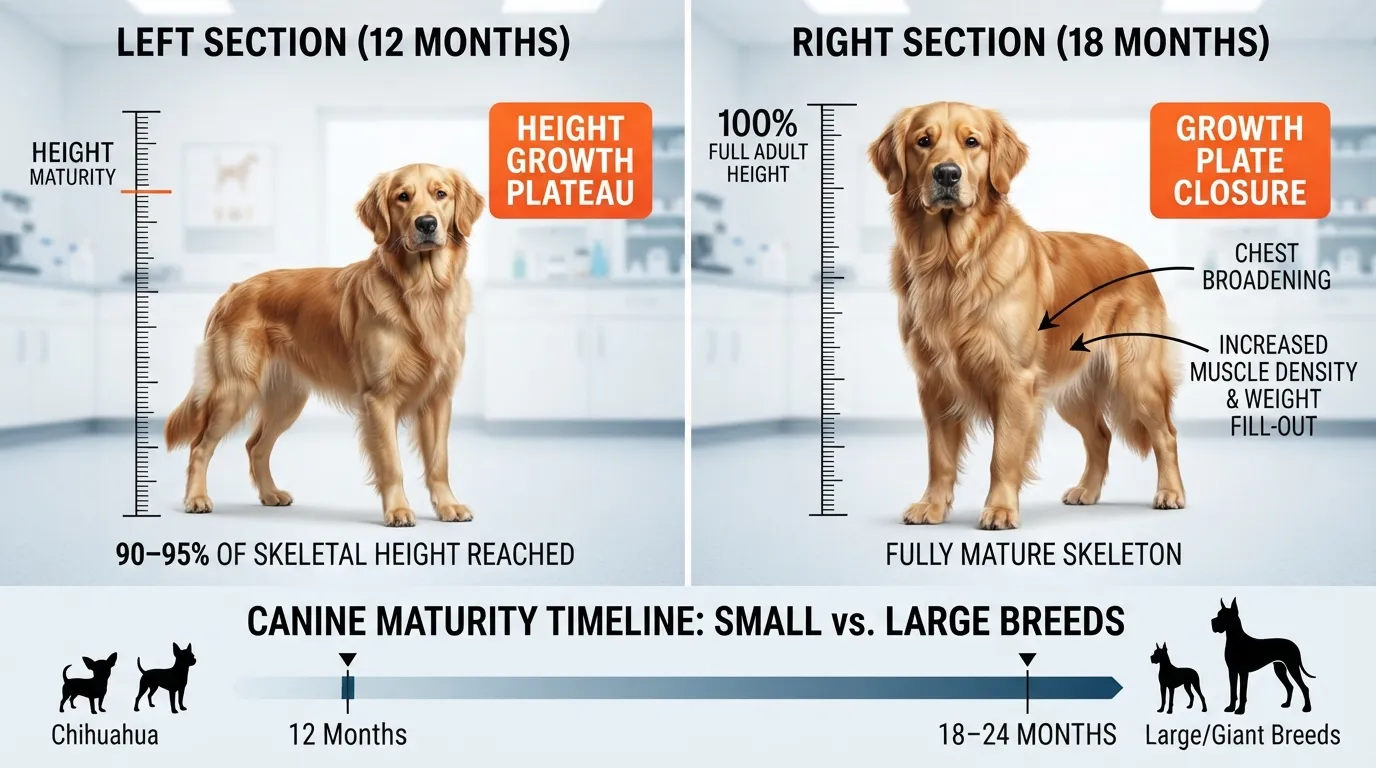 Side-by-side growth comparison of a young dog from 12 to 18 months, showing slow height growth and final muscle development into near-adult height.