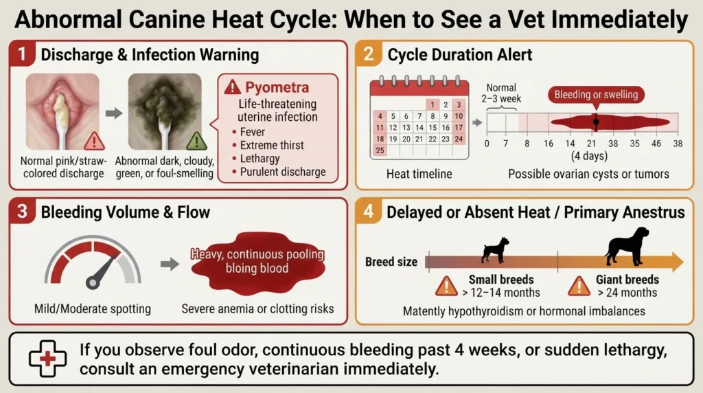 Infographic showing canine reproductive warning signs including prolonged bleeding past 4 weeks, foul-smelling discharge, severe lethargy, and absent heat cycles in adult female dogs.
