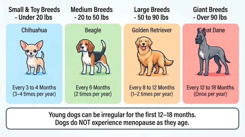 Infographic chart illustrating how often dogs have heat cycles based on breed size, showing small, medium, large, and giant breeds.
