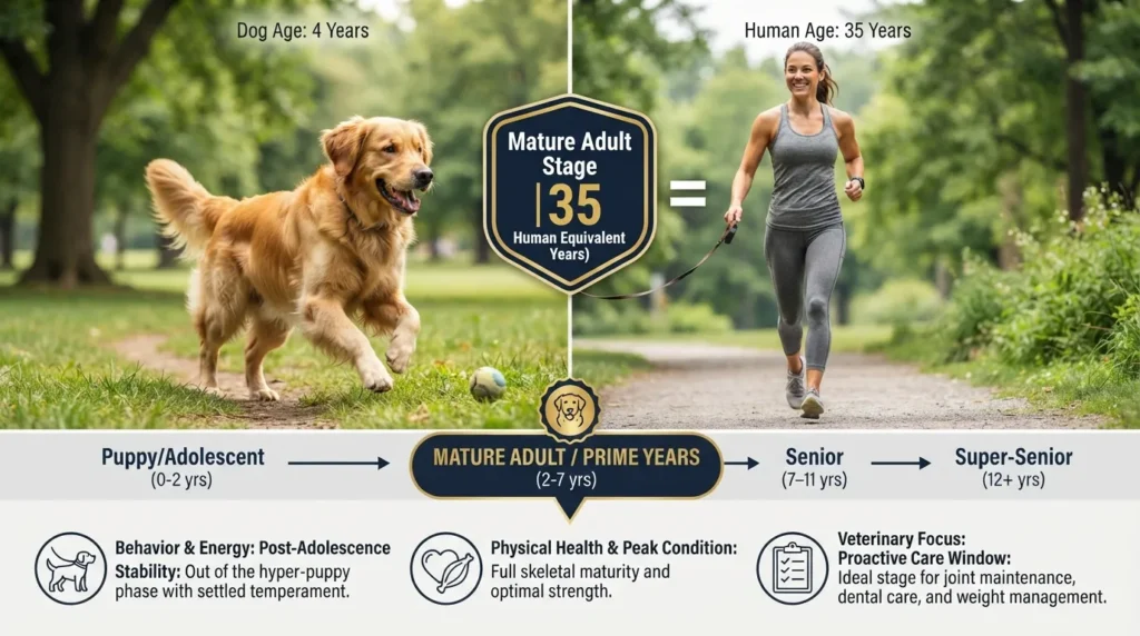 Infographic showing a dog in the mature adult life stage, comparing dog age to 35 human years with physical health, energy level, and care requirements.
