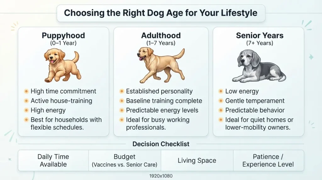 A visual flowchart showing key life stages of a dogβpuppy, adult, and seniorβwith key lifestyle factors to consider when choosing the right age.