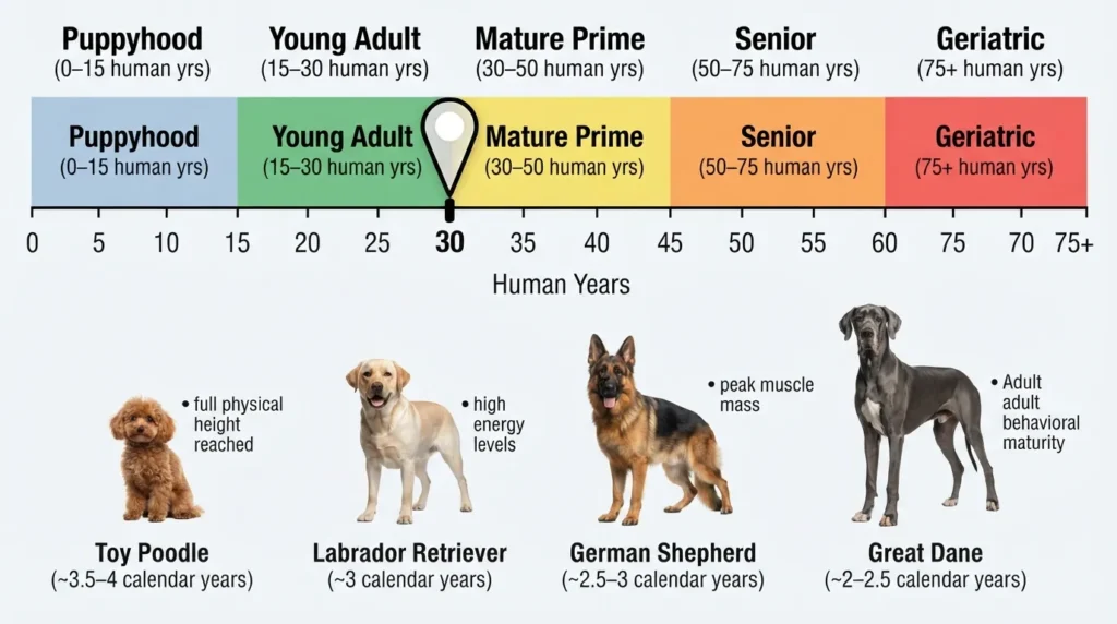 Infographic chart comparing dog life stages to human years, showing a 30-human-year-old equivalent dog in the young adult to prime mature stage based on breed size.
