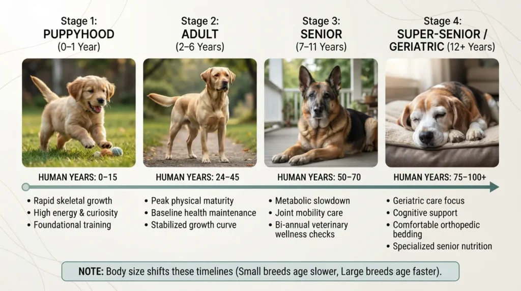 Comprehensive dog life stages breakdown chart comparing puppyhood, adulthood, senior, and super senior phases with human age equivalents and key health care needs.