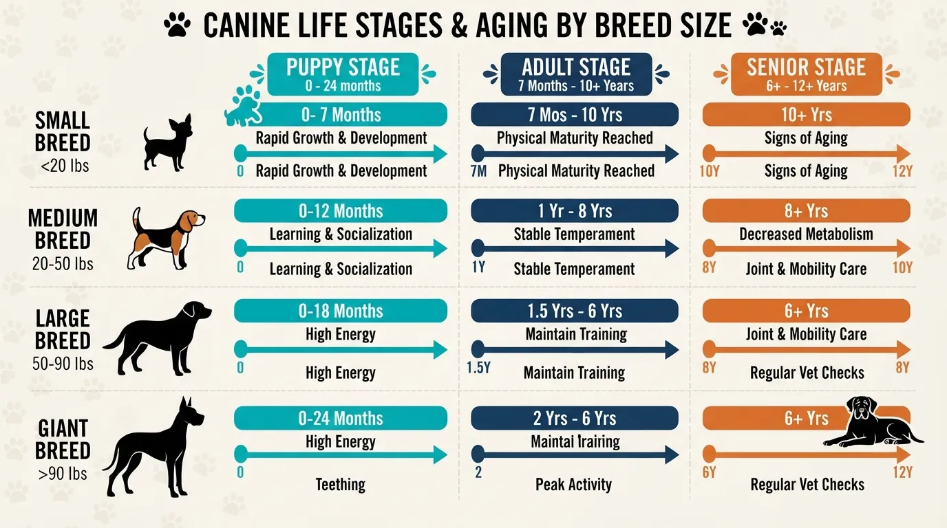 Dog life stages chart showing the age ranges for puppyhood, adulthood, and senior years across small, medium, large, and giant dog breeds.