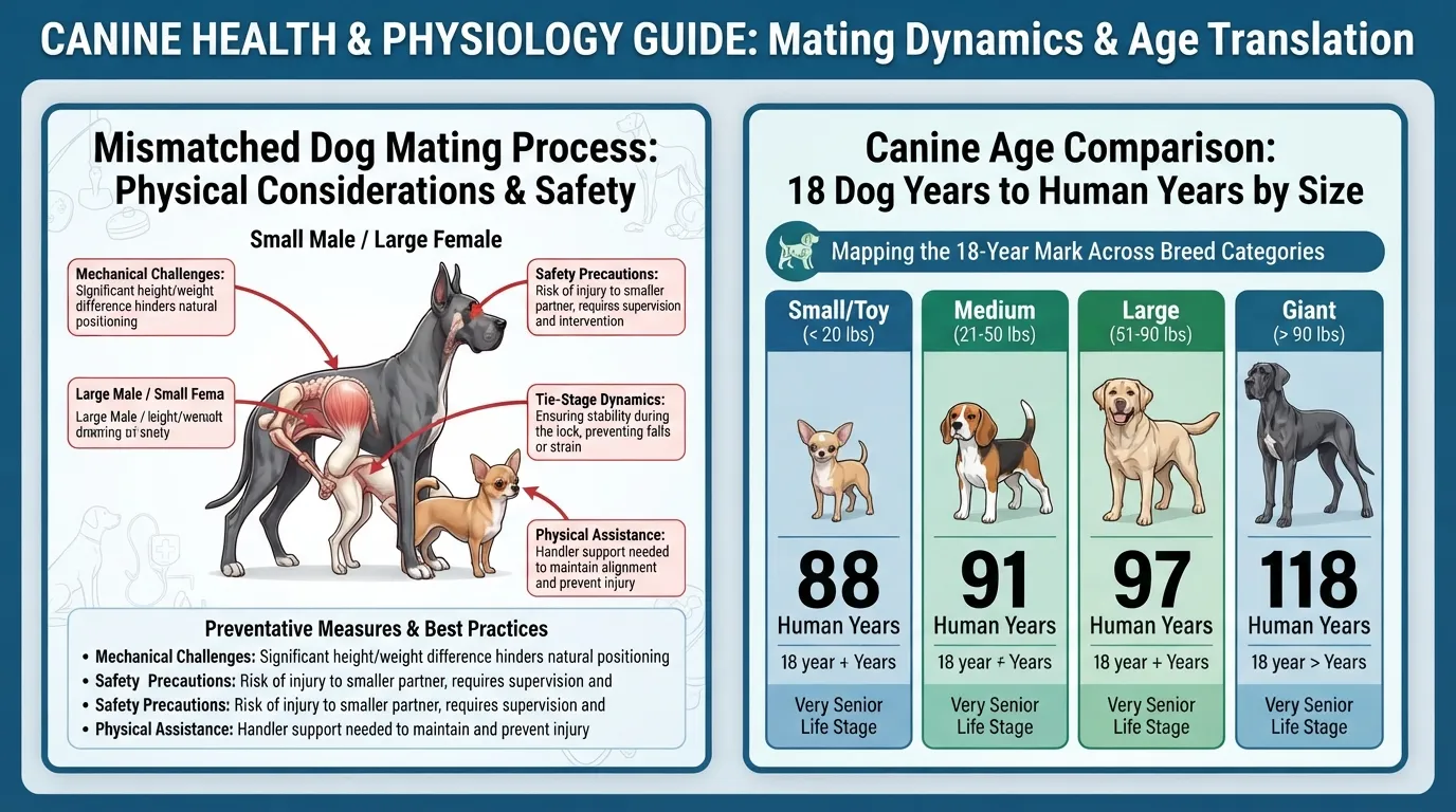 Side-by-side infographic illustrating the mating process and physical dynamics of mismatched-sized dogs next to a age comparison chart showing an 18 dog year to human years conversion scale grouped by small, medium, large, and giant breeds.