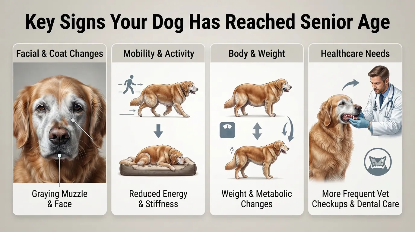 An educational diagram detailing key physical and behavioral signs that a dog has reached senior age, including graying fur, reduced mobility, weight changes, and increased veterinary needs.