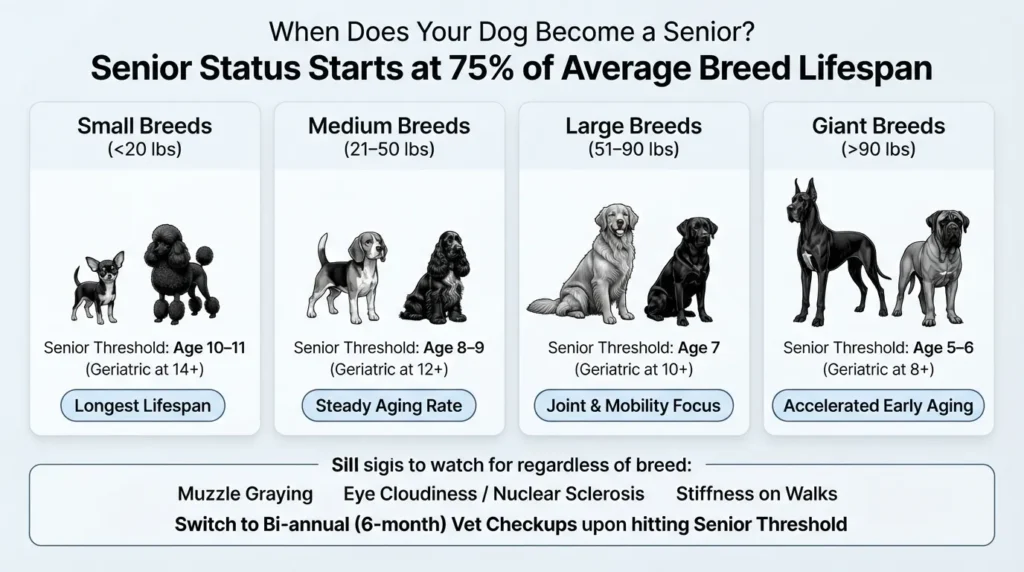 Infographic chart showing when small, medium, large, and giant dog breeds reach senior age status.