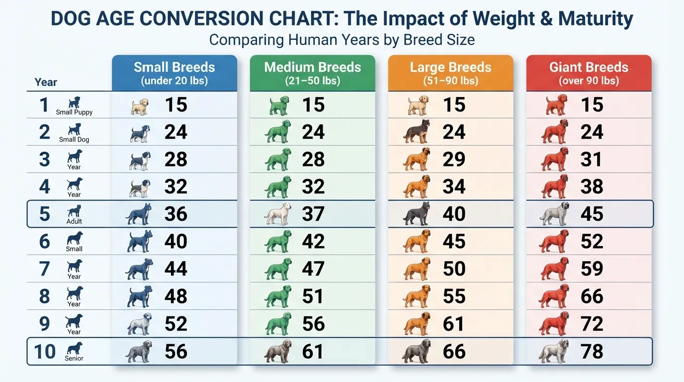 A comparative infographic chart showing how small, medium, large, and giant dog breeds age differently in human years over time.