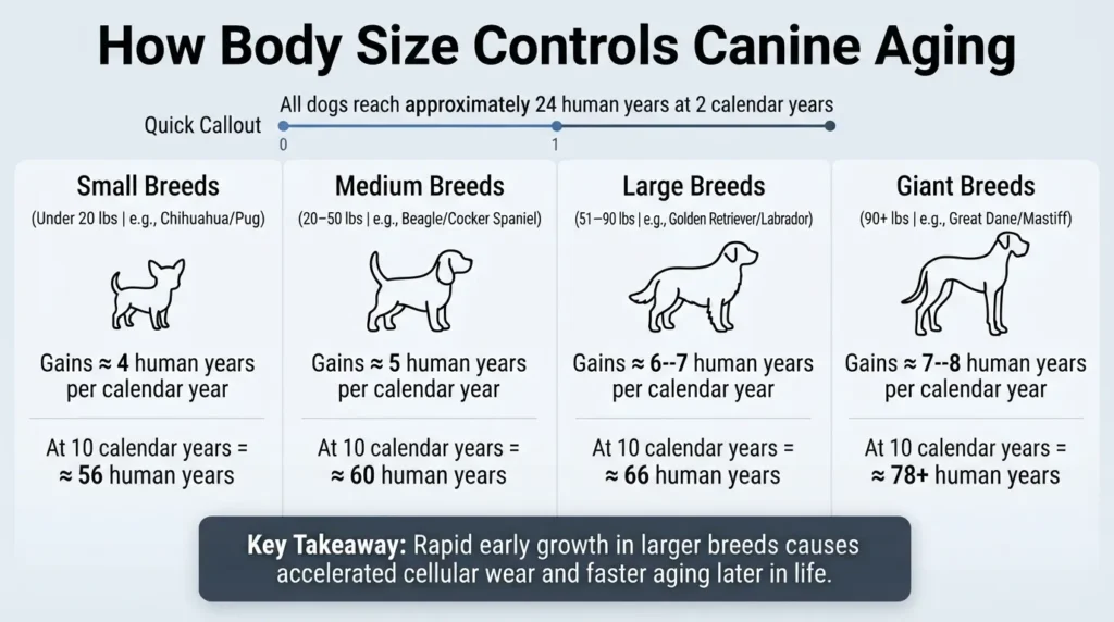 Side-by-side comparison chart showing how small, medium, large, and giant dog breeds age at different rates in human years as they grow older.