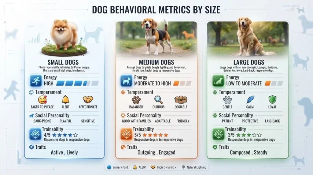 Comparison chart of dog temperament, personality traits, and trainability across small, medium, and large breeds.