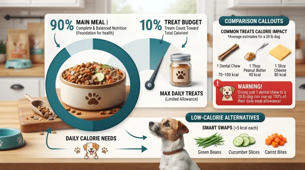 A visual pie chart showing the 10 percent daily treat allowance rule compared to 90 percent main dog food, with calorie counts for common treats.