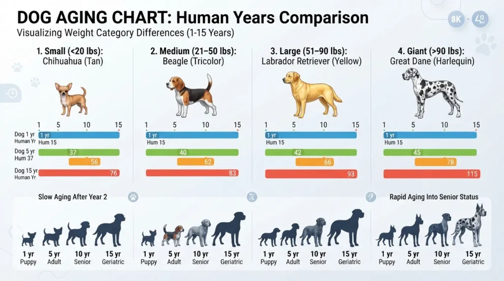 Infographic showing a dog years by breed age chart comparing small, medium, large, and giant dogs to human years across different life stages.