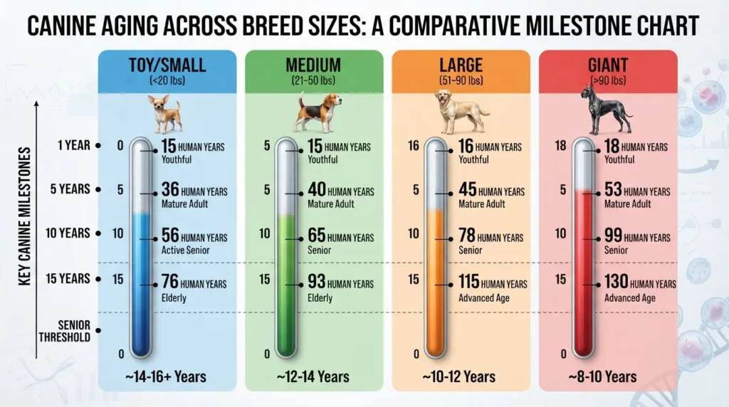 Comprehensive dog years to human years chart comparing aging stages across toy, small, medium, large, and giant dog breeds.