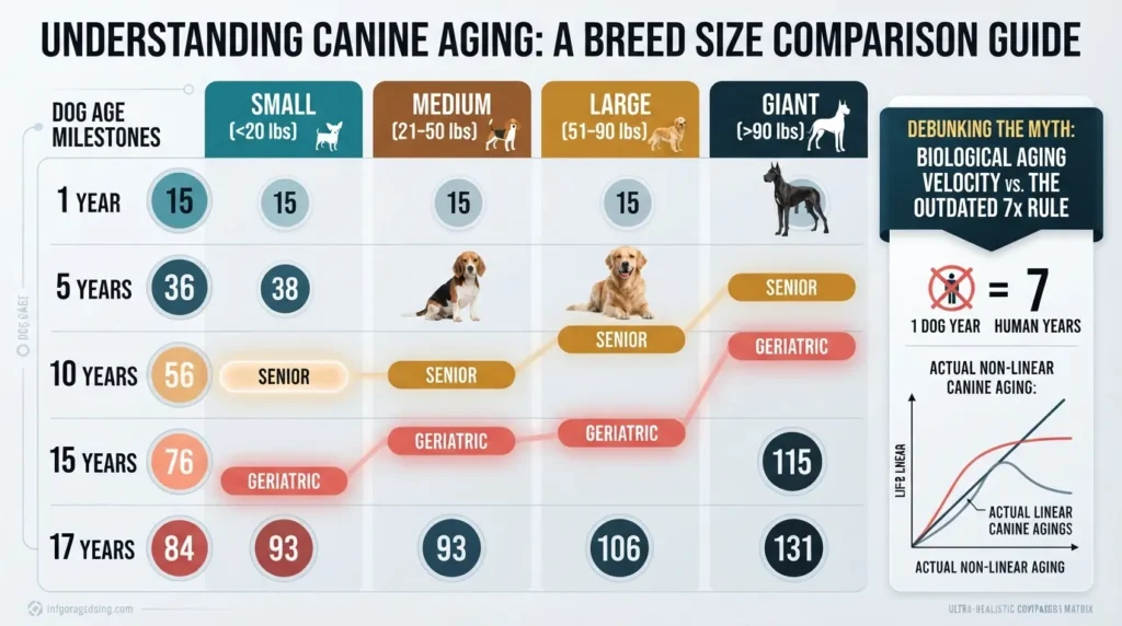 Comparison chart showing dog years vs human years across small, medium, large, and giant dog breeds