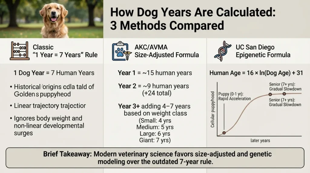 Comparison chart of 3 dog year calculation methods showing the classic 1-to-7 rule, the AKC size-adjusted formula, and the UCSD epigenetic DNA methylation formula alongside age conversion markers.
