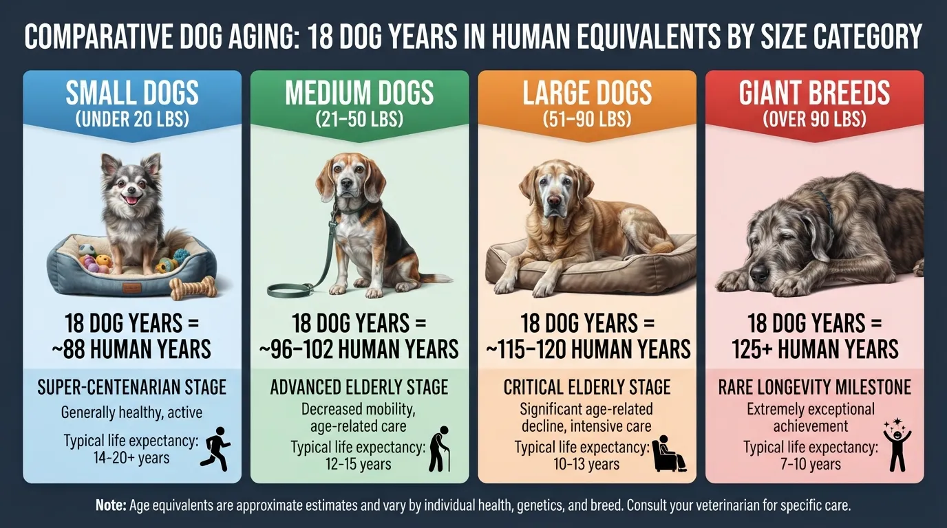 Infographic chart showing an 18-year-old dog converted to human years across small, medium, large, and giant breed sizes.