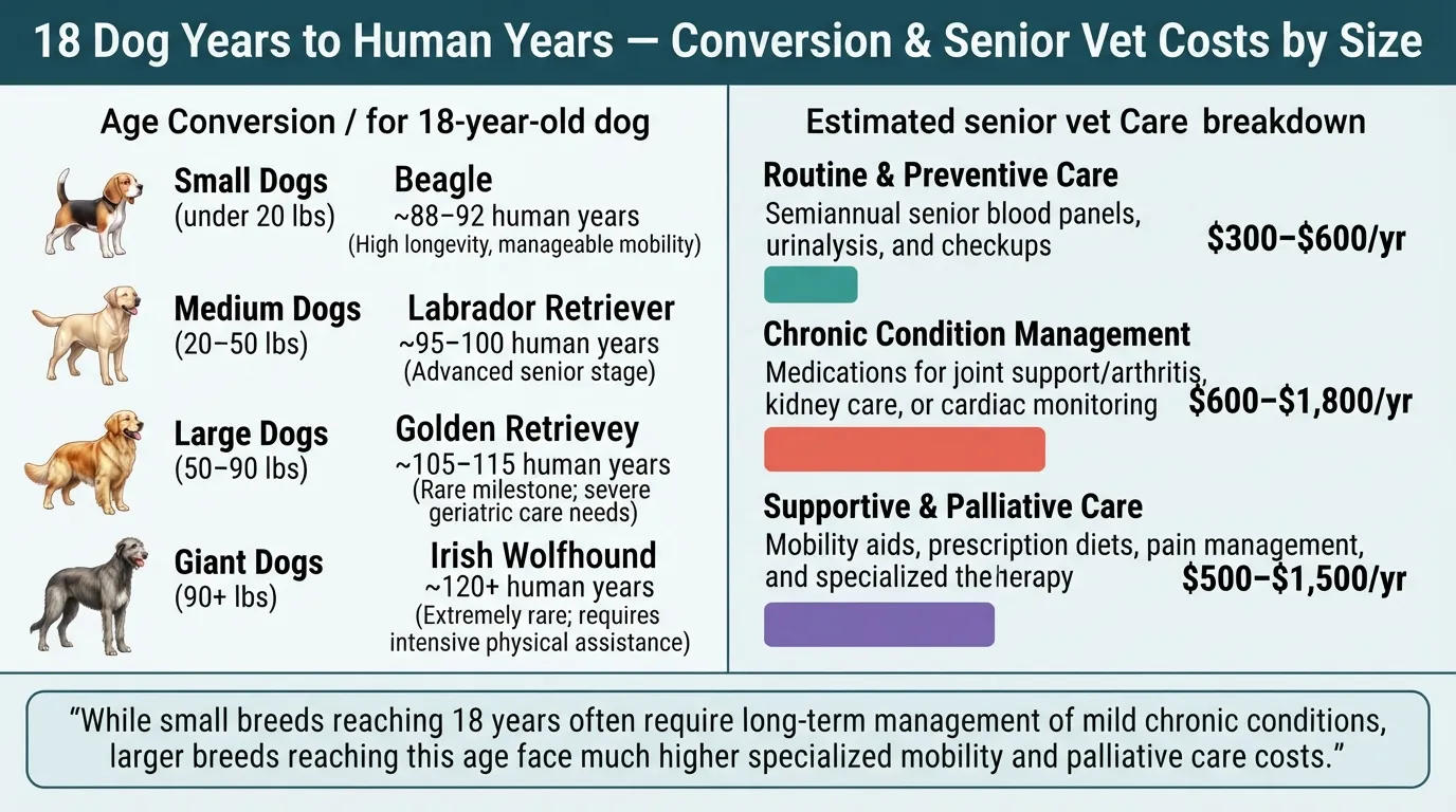 Infographic showing an 18-year-old dog converted into human years by size (small, medium, large, giant) alongside estimated senior vet care costs.