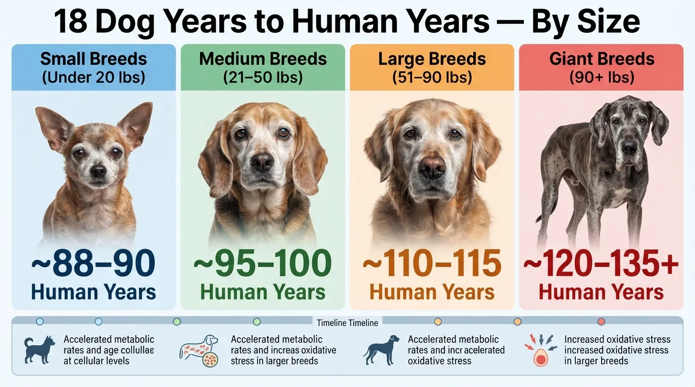 Comparison chart showing an 18-year-old dog converted into human years across small, medium, large, and giant breeds.