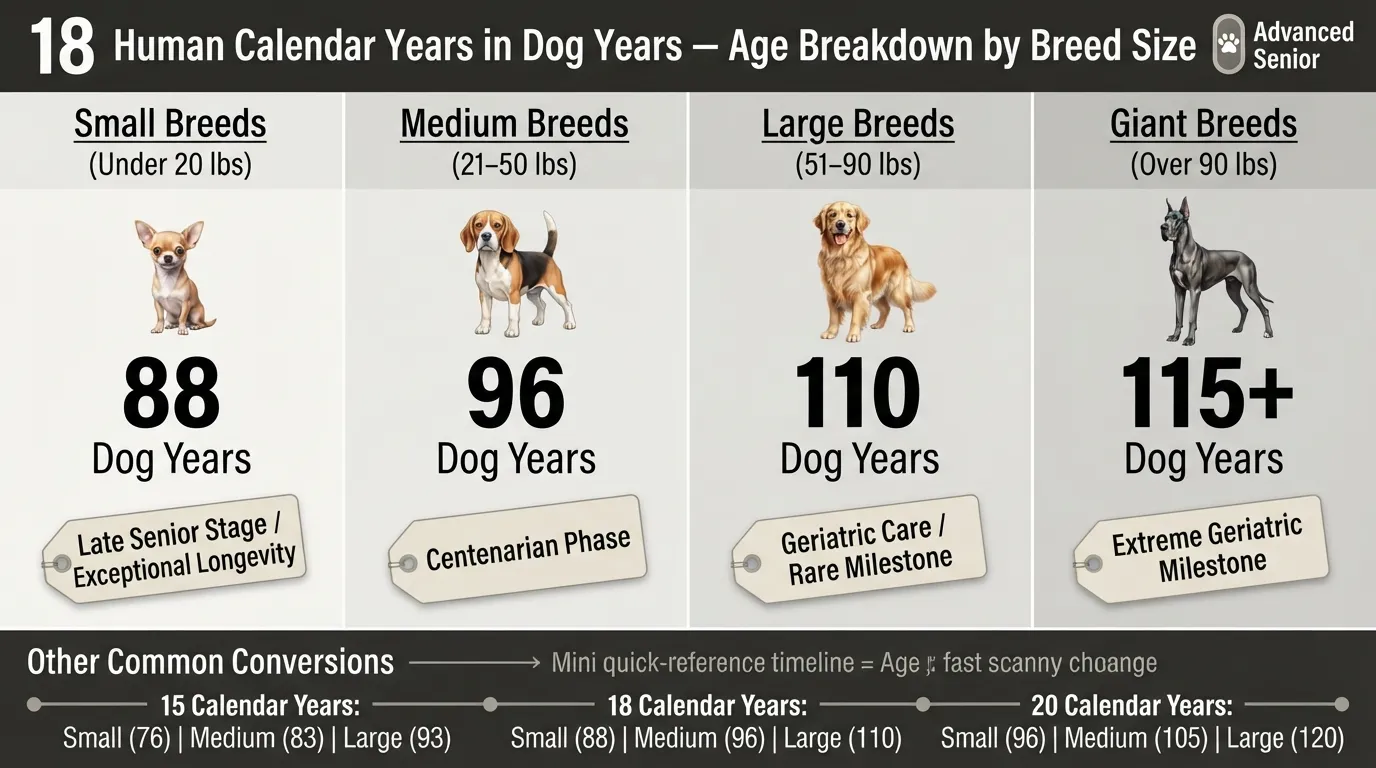 Comparison chart showing 18 human calendar years converted to dog years across small, medium, large, and giant breed sizes.