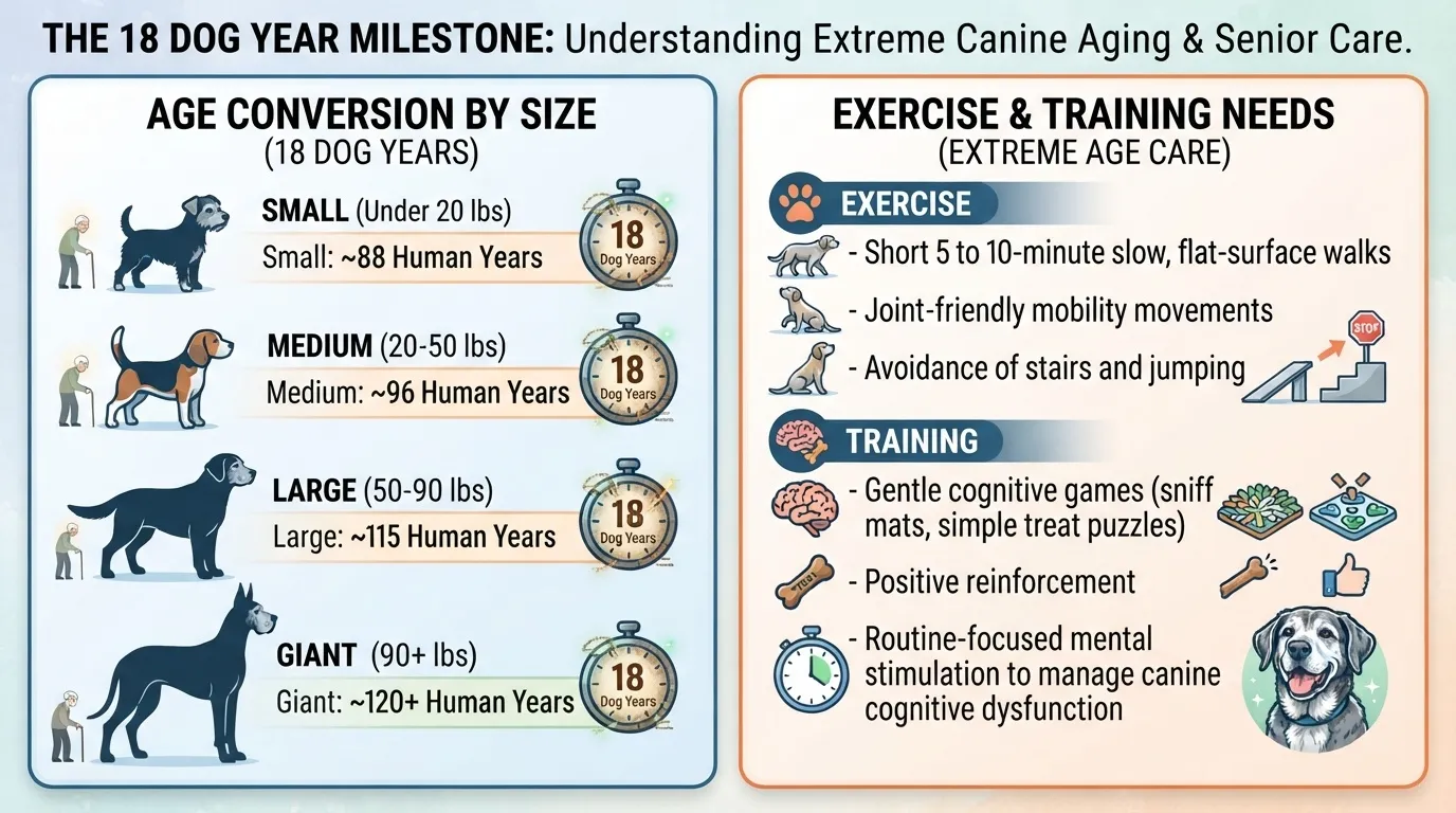 Infographic chart showing an 18-year-old dog's equivalent human age by breed size—small, medium, large, and giant—alongside low-impact exercise and cognitive training needs for senior dogs.