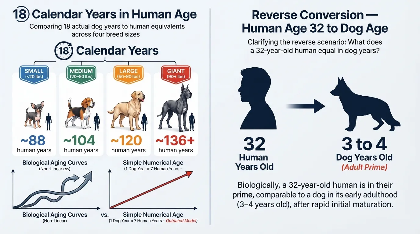 Infographic comparing an 18-year-old dog in human years across breed sizes alongside a reverse conversion showing a 32-year-old human equals a 3 to 4-year-old dog.