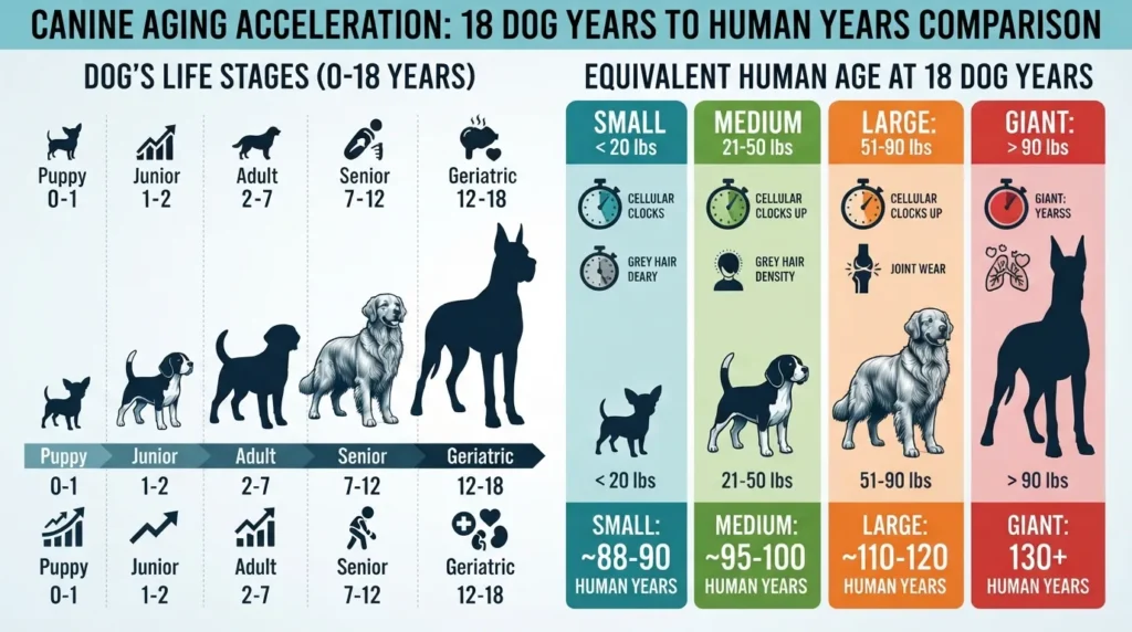 A size-based dog age chart showing how 18 dog years convert to human years across small, medium, large, and giant dog breeds.