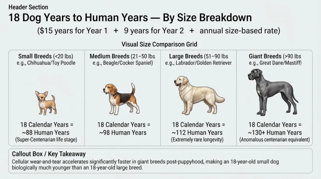 Infographic chart comparing an 18-year-old dog's age to human years across small, medium, large, and giant dog breeds based on veterinary aging formulas.