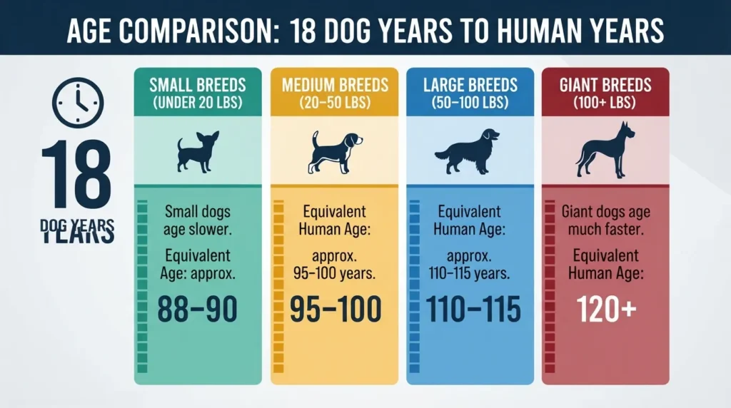 Comparison chart showing how an 18-year-old dog converts to human years across small, medium, large, and giant breeds.