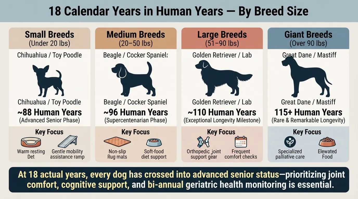 Comparison chart showing an 18-year-old dog in human years across small, medium, large, and giant breed size categories.