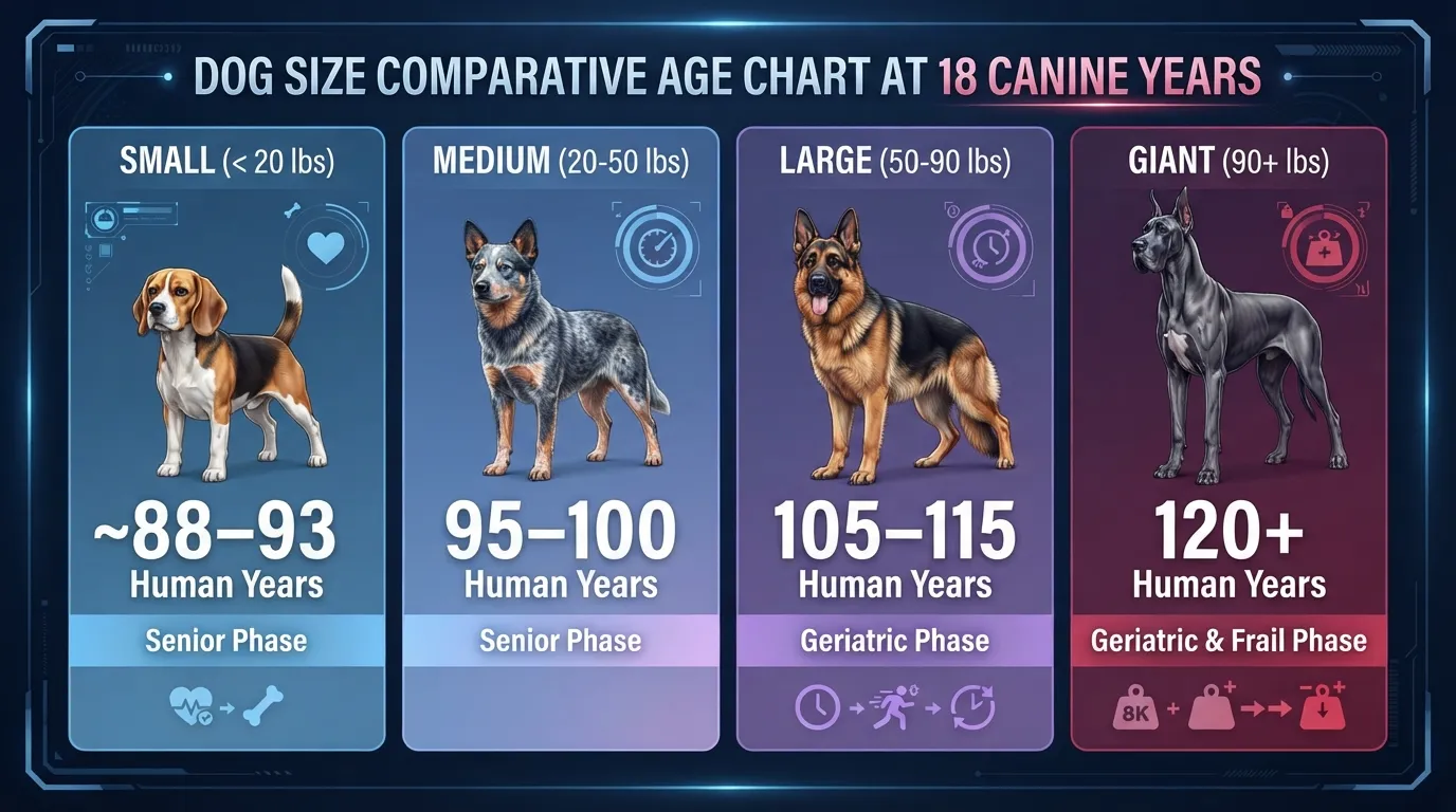 Comparison chart showing how 18 dog years translate to human years for small, medium, large, and giant dog breeds.