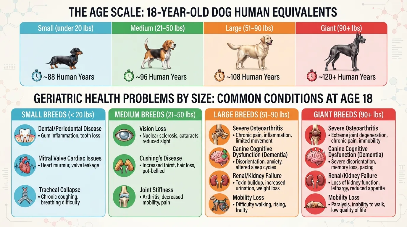 Comprehensive chart showing health problems in an 18-year-old dog converted to human age equivalent, comparing small, medium, large, and giant breeds.