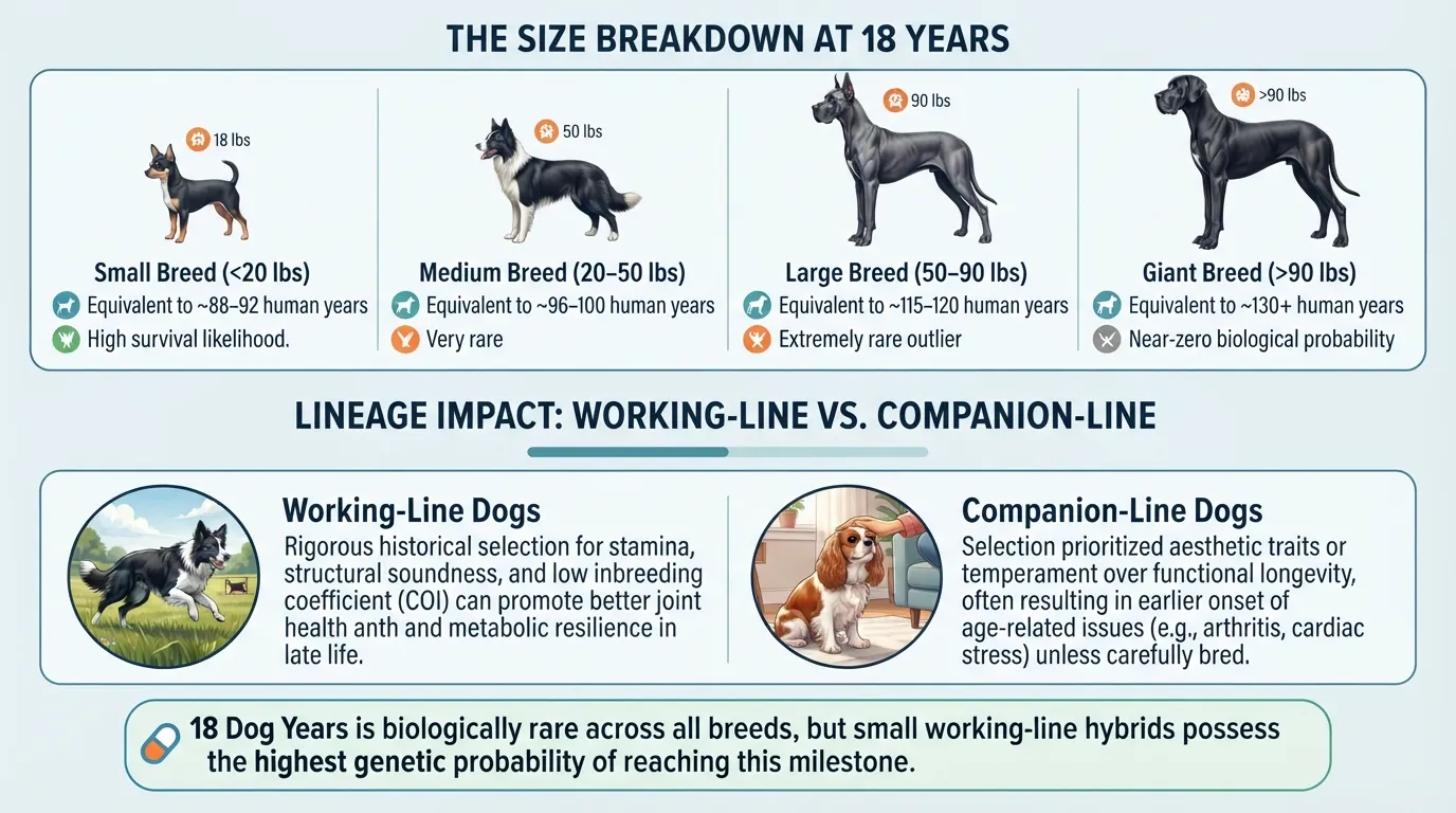 Comparison chart showing 18 dog years in human years for small, medium, large, and giant dog breeds, highlighting working-line vs companion-line aging differences.