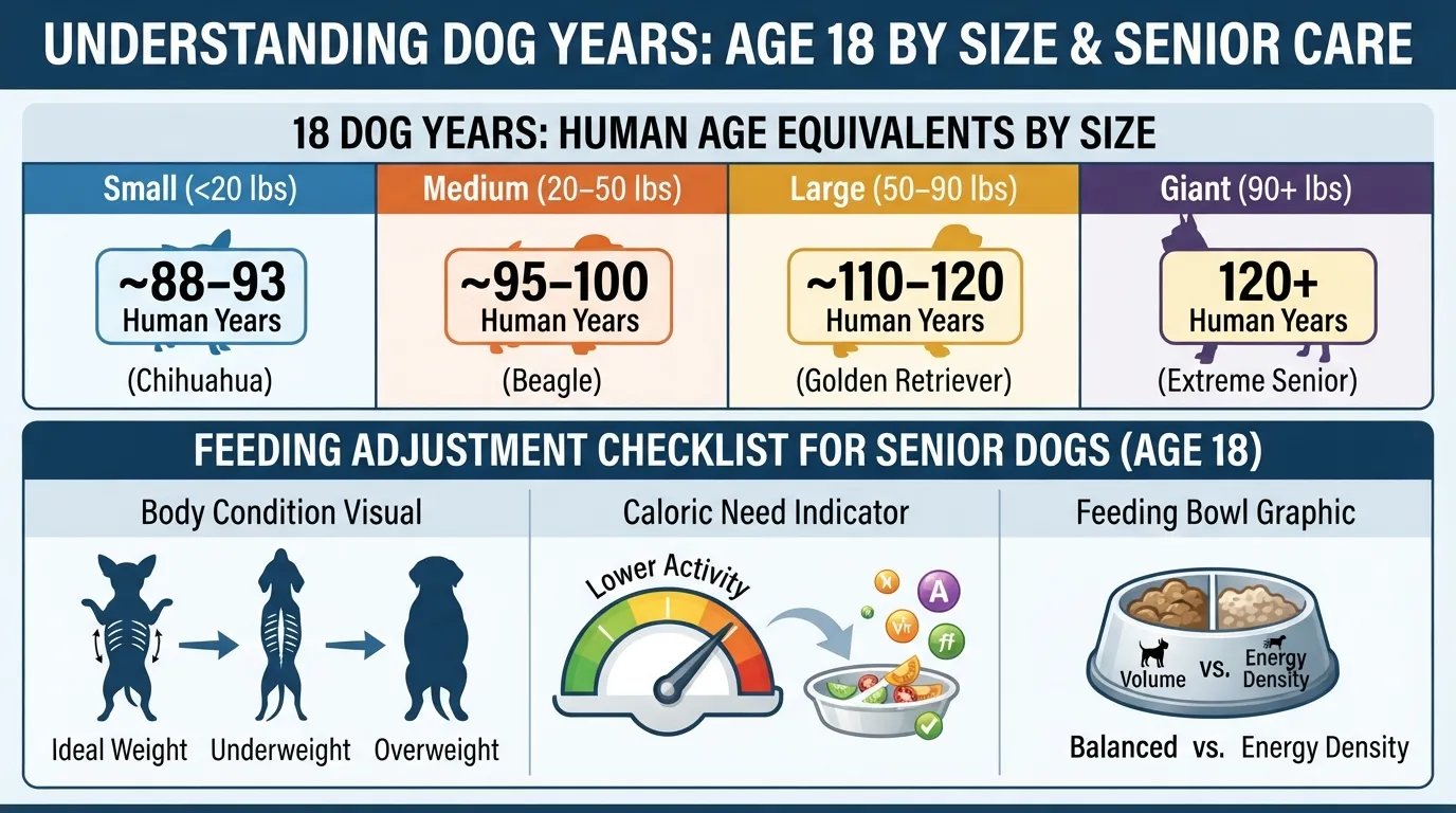 Comparison chart showing how 18 dog years convert to human years based on small, medium, large, and giant dog sizes, paired with daily food portion portioning indicators.