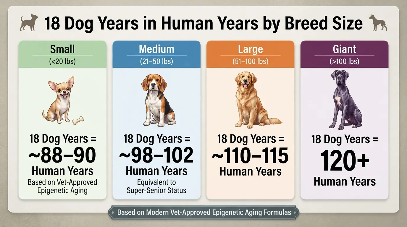 Chart comparing an 18-year-old dog's age to human years across small, medium, large, and giant breeds based on modern veterinary aging formulas.