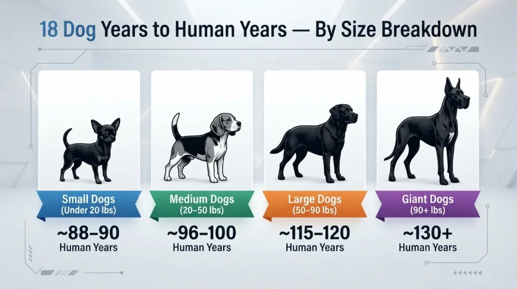 Comparison chart showing 18 dog years to human years broken down by small, medium, large, and giant dog breed size categories.