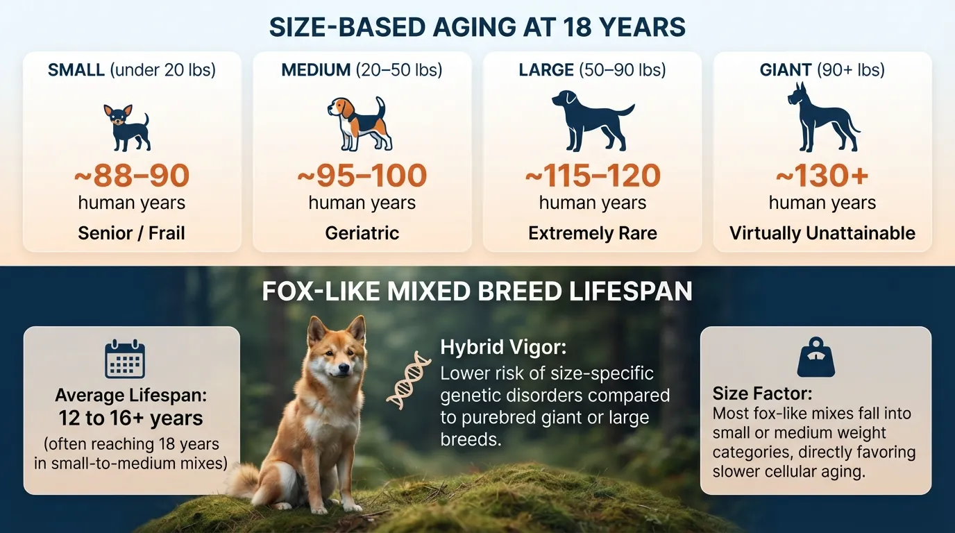 Comparison chart showing 18 dog years in human years for small, medium, large, and giant dog breeds alongside life expectancy for fox-like mixed breed dogs.