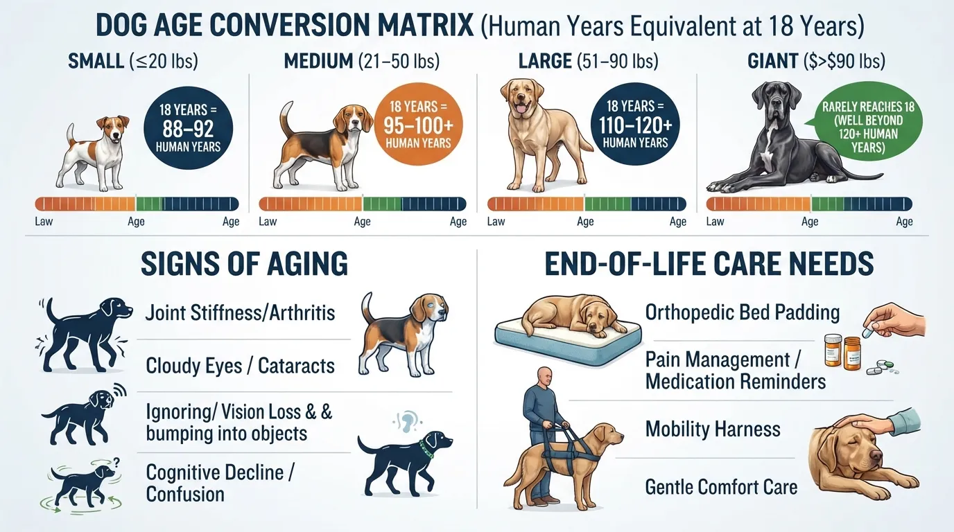 Infographic chart showing an 18-year-old dog's age in human years categorized by small, medium, large, and giant breed sizes, along with common senior dog health signs.