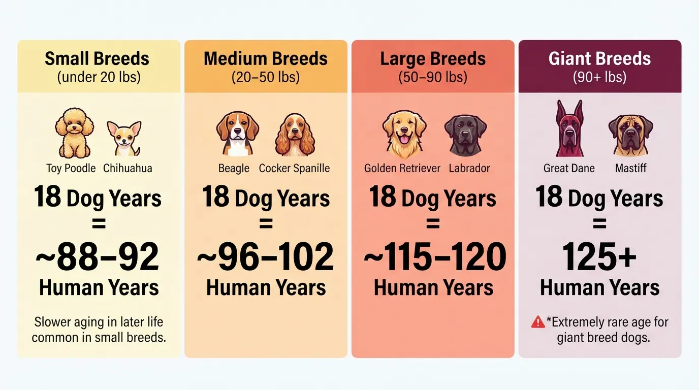 A comparison chart showing how an 18-year-old dog's age converts to human years across small, medium, large, and giant dog breeds."