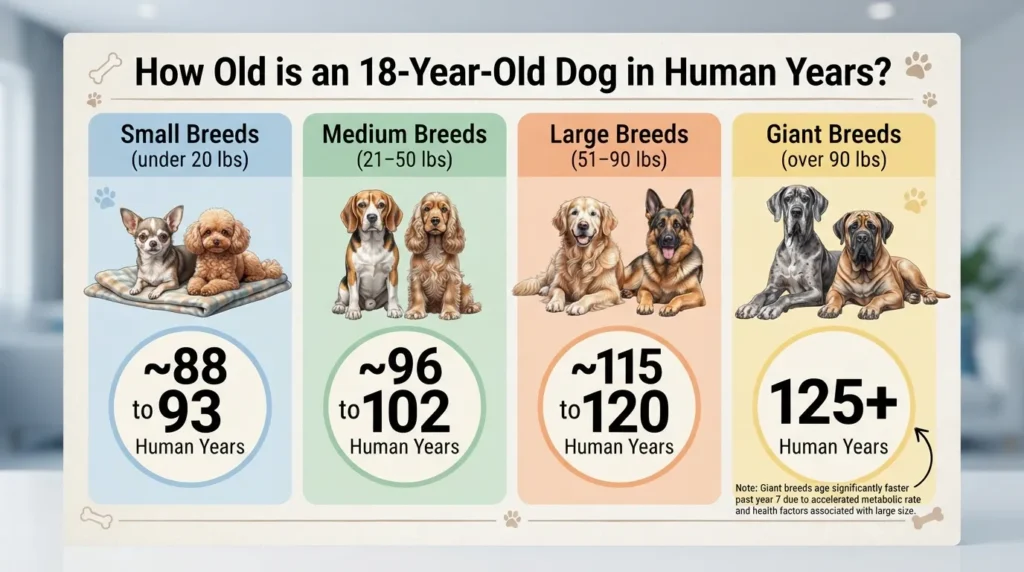 Comparison chart showing 18 dog years converted to human years for small, medium, large, and giant dog breeds.