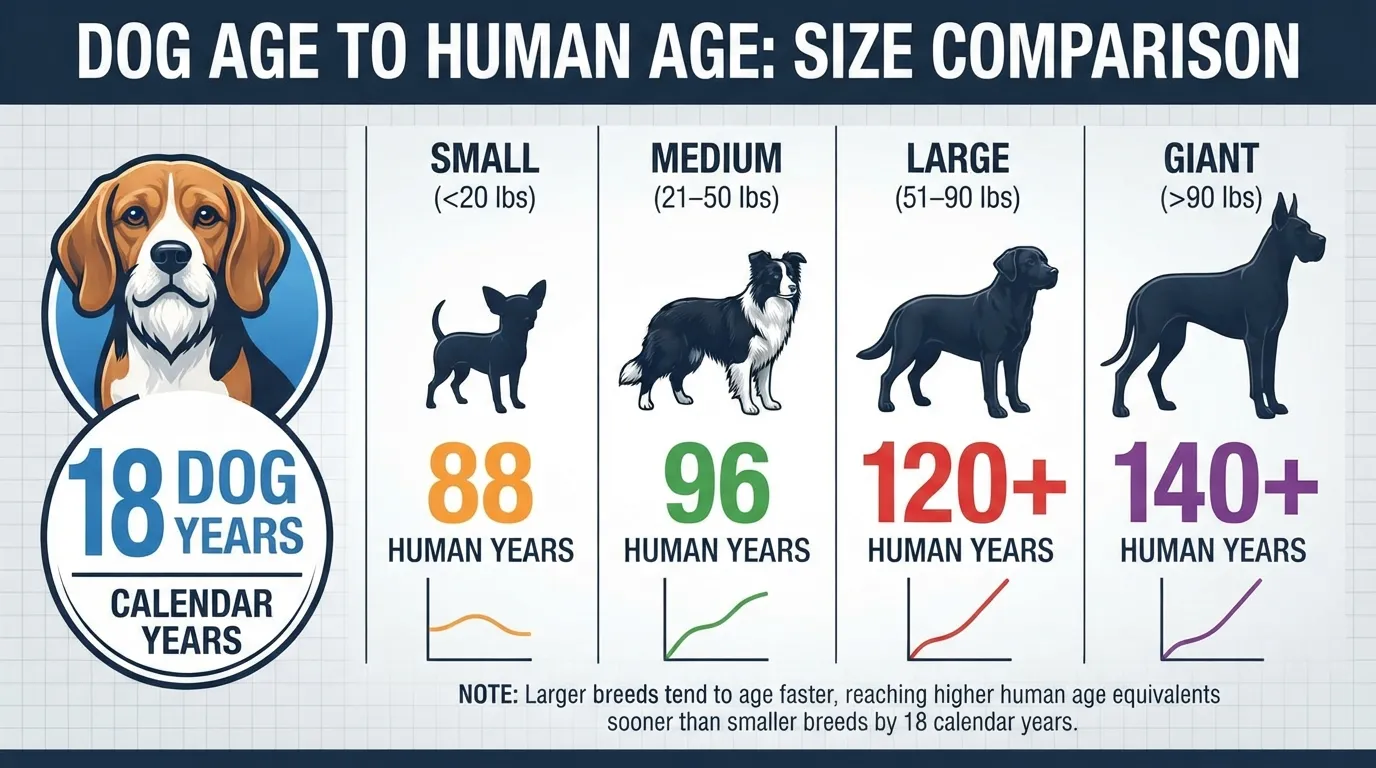 Infographic chart showing an 18-year-old dog's equivalent age in human years across small, medium, large, and giant breeds.